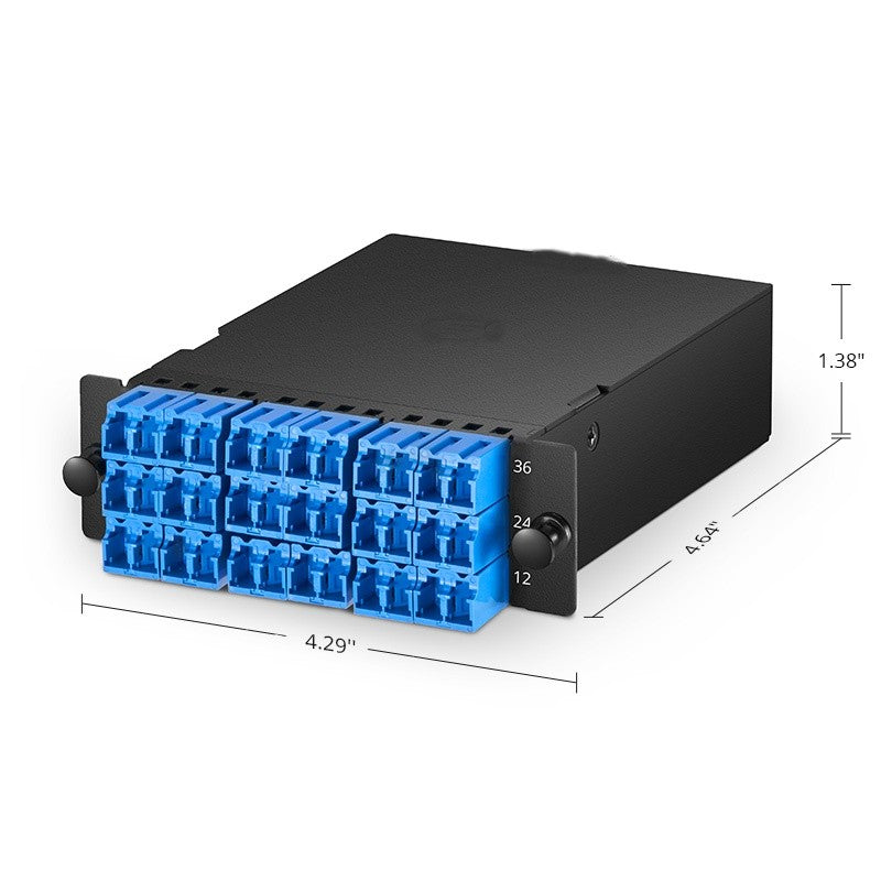 FHD 3 x MTP®-12 Cassette, 36 Fibers OS2 Single Mode, Type A, 3 x 12F MTP® to 18 x Shuttered LC Duplex (Blue), 0.35dB max