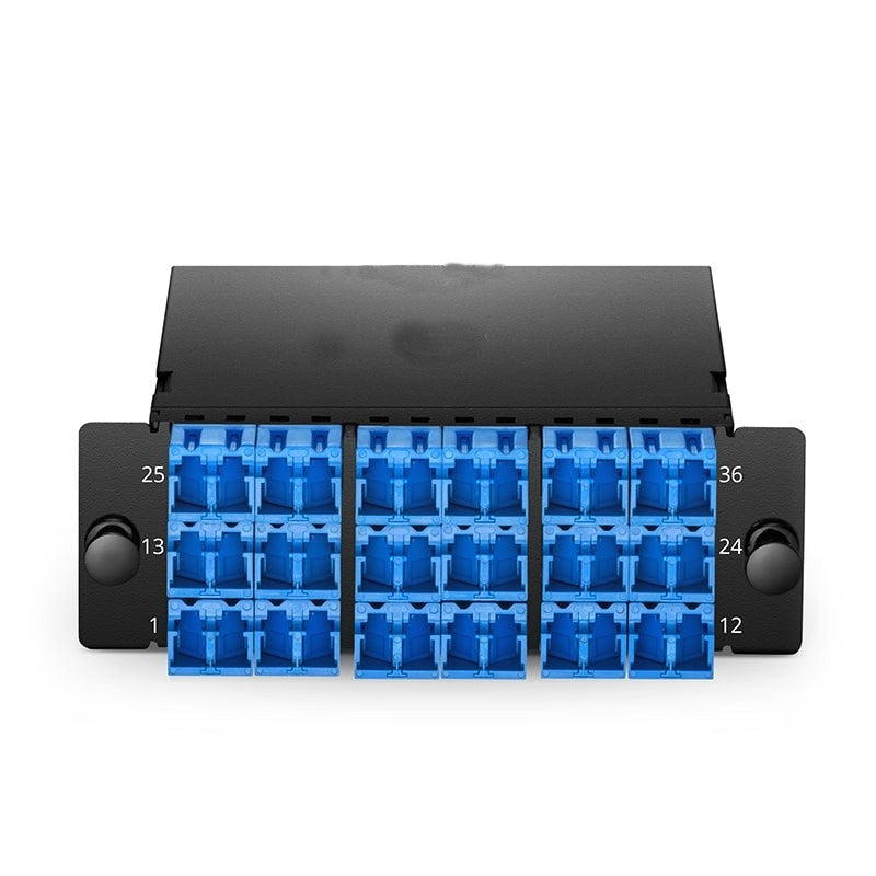 FHD 3 x MTP®-12 Cassette, 36 Fibers OS2 Single Mode, Type A, 3 x 12F MTP® to 18 x Shuttered LC Duplex (Blue), 0.35dB max