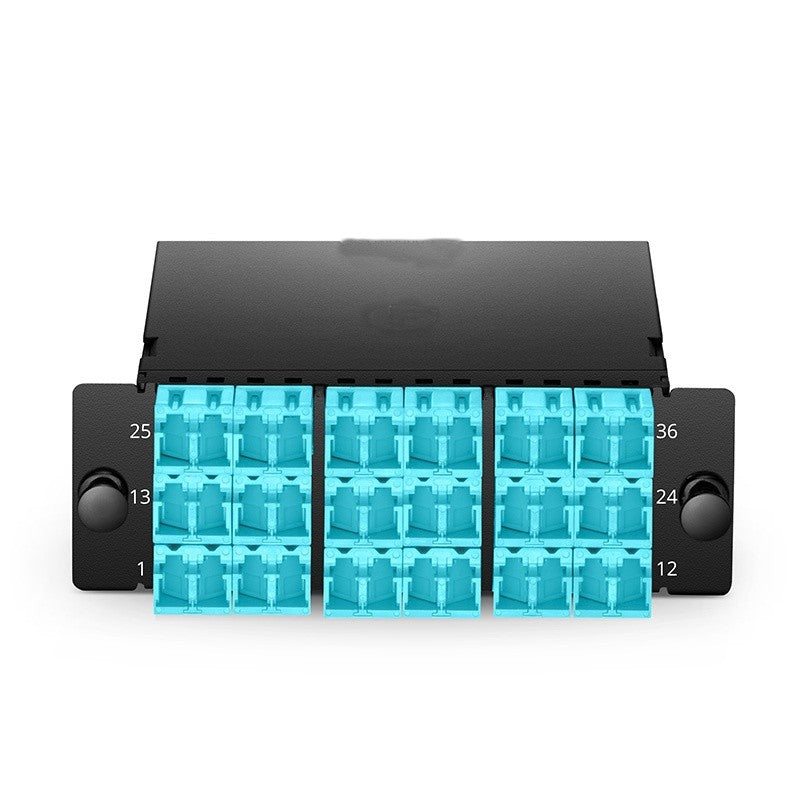 FHD 3 x MTP®-12 Cassette, 36 Fibers OM4 Multimode, Type A, 3 x 12F MTP® to 18 x Shuttered LC Duplex (Aqua), 0.35dB max