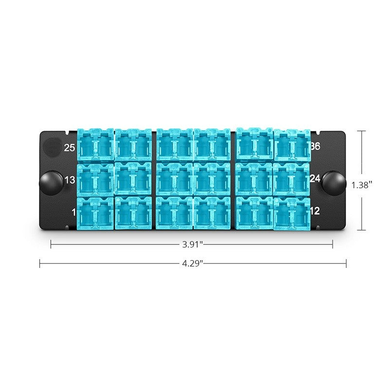 FHD Fiber Adapter Panel, 36 Fibers OM4 Multimode, 18 x Shuttered LC UPC Duplex (Aqua) Adapter, Ceramic Sleeve