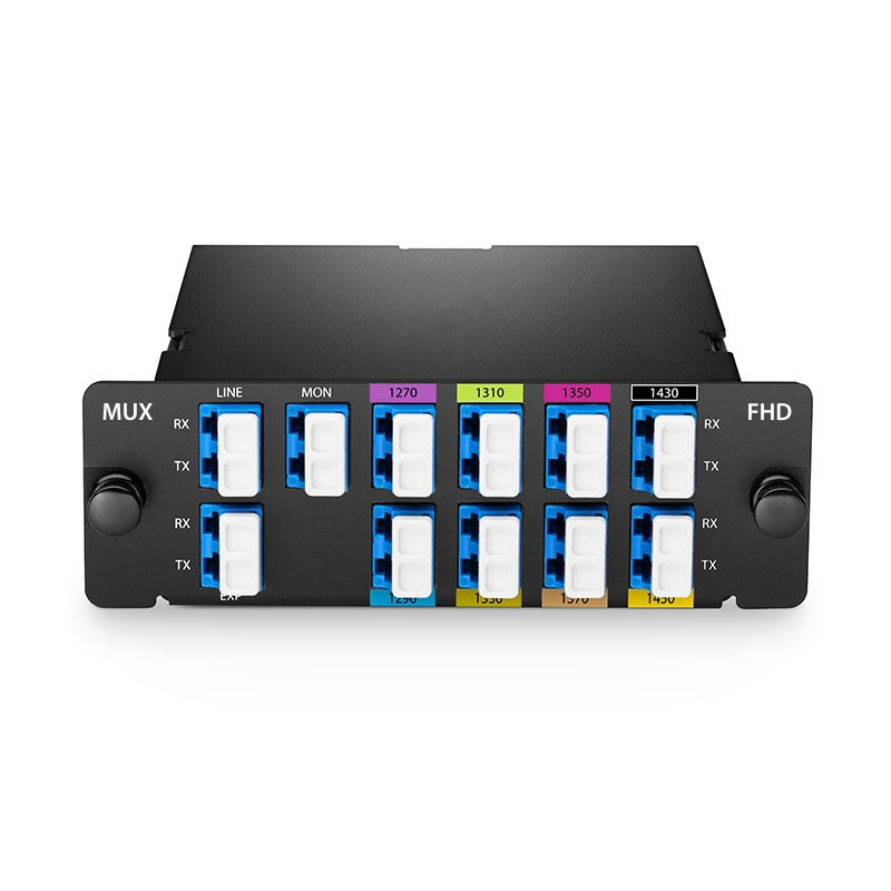 8 Channels CWDM Mux Demux, 1270-1450nm (Skip 1390, 1410nm), with Monitor and Expansion Port, 2.0dB Typical IL, LC/UPC, Dual Fiber, High Density, FHD® Plug-in Module