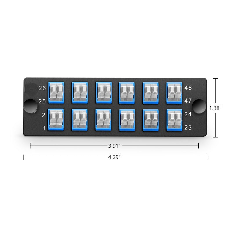 FHD Fiber Adapter Panel, 48 Fibers OS2 Single Mode, 12 x MDC UPC 2-Port Duplex (Blue) Adapter, Ceramic Sleeve