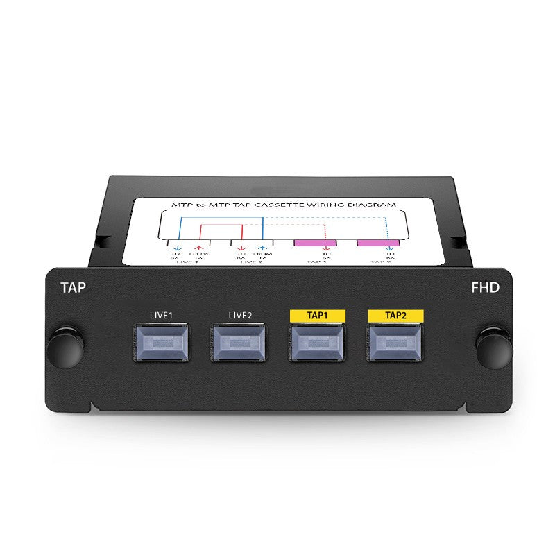 FHD Fiber TAP Cassette, OM4 Multimode, 2 x MTP®-8 Male Live Ports, 2 x MTP®-8 Male TAP Ports, 50/50 Split Ratio (Live/TAP), 40/100G