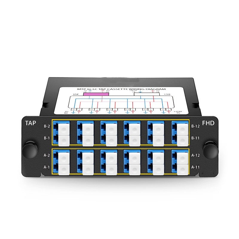 FHD Fiber TAP Cassette, OS2 Single Mode, 12 x LC Duplex Live Ports, 2 x MTP®-12 Male Live Ports, 2 x MTP®-12 Male TAP Ports, 70/30 Split Ratio (Live/TAP), 10/40/100G