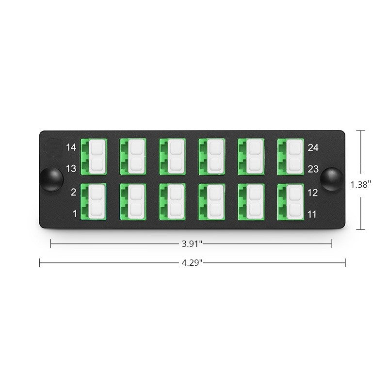 FHD Fiber Adapter Panel, 24 Fibers OS2 Single Mode, 12 x LC APC Duplex (Green) Adapter, Ceramic Sleeve