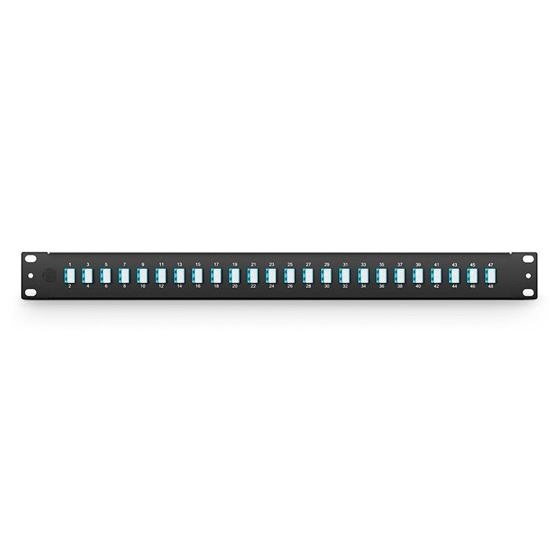 FHU 1U 19'' Fiber Adapter Panel, 48 Fibers OM4 Multimode, 24 x LC UPC Duplex (Aqua) Adapter, Ceramic Sleeve