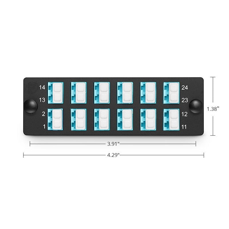 FHD Fiber Adapter Panel, 24 Fibers OM4 Multimode, 12 x LC UPC Duplex (Aqua) Adapter, Ceramic Sleeve