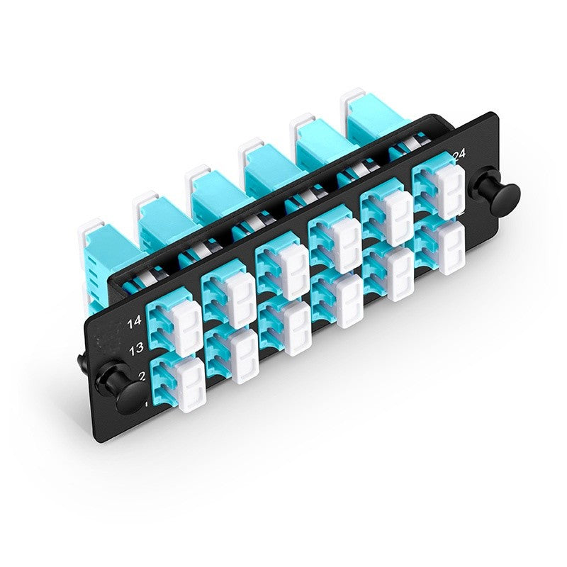 FHD Fiber Adapter Panel, 24 Fibers OM4 Multimode, 12 x LC UPC Duplex (Aqua) Adapter, Ceramic Sleeve