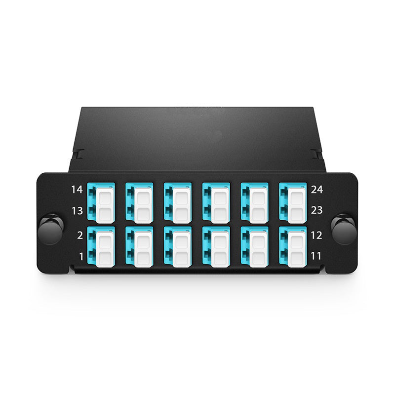 FHD MTP®-24 Cassette, 24 Fibers OM4 Multimode, Type A, MTP® to 12 x LC Duplex (Aqua), 0.35dB max