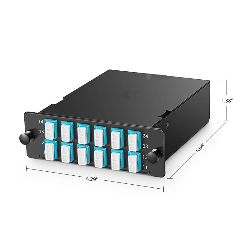 FHD MTP®-24 Cassette, 24 Fibers OM4 Multimode, Type A, MTP® to 12 x LC Duplex (Aqua), 0.35dB max