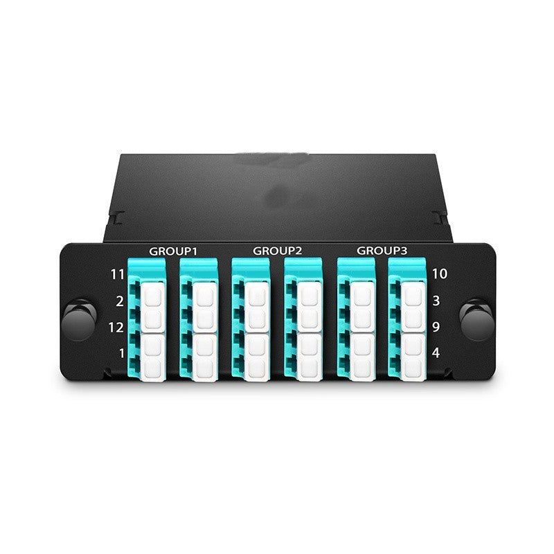 FHD 3 x MTP®-8 Cassette, 24 Fibers OM4 Multimode, Universal Polarity, 3 x 8F MTP® to 6 x LC Quad (Aqua), 0.35dB max