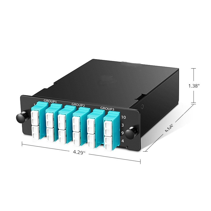 FHD 3 x MTP®-8 Cassette, 24 Fibers OM4 Multimode, Universal Polarity, 3 x 8F MTP® to 6 x LC Quad (Aqua), 0.35dB max