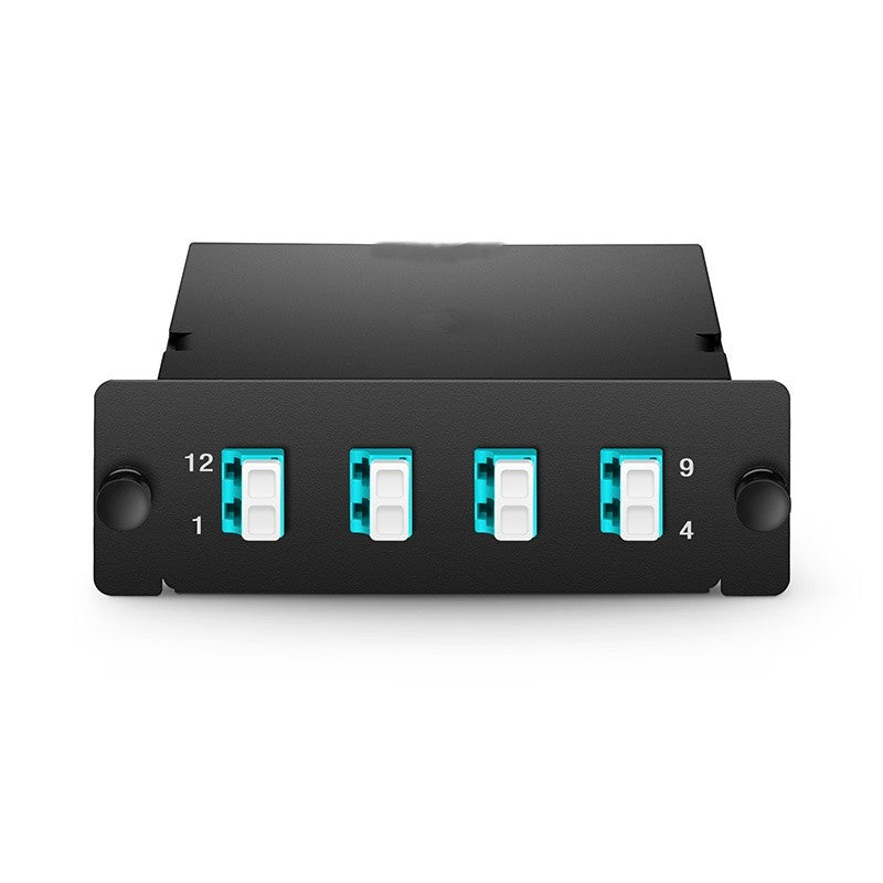 FHD MTP®-8 Cassette, 8 Fibers OM4 Multimode, Universal Polarity, MTP® to 4 x LC Duplex (Aqua), 0.35dB max