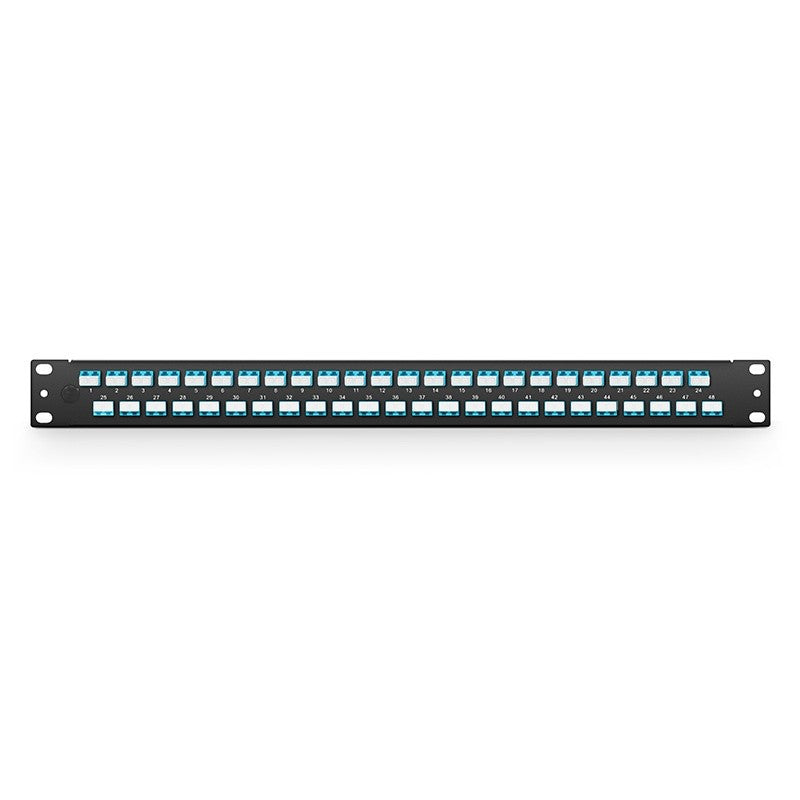 FHU 1U 19'' Fiber Adapter Panel, 96 Fibers OM4 Multimode, 48 x LC UPC Duplex (Aqua) Adapter, Ceramic Sleeve