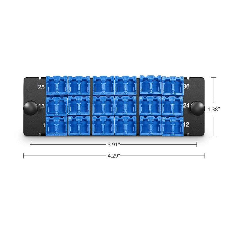 FHD Fiber Adapter Panel, 36 Fibers OS2 Single Mode, 18 x Shuttered LC UPC Duplex (Blue) Adapter, Ceramic Sleeve