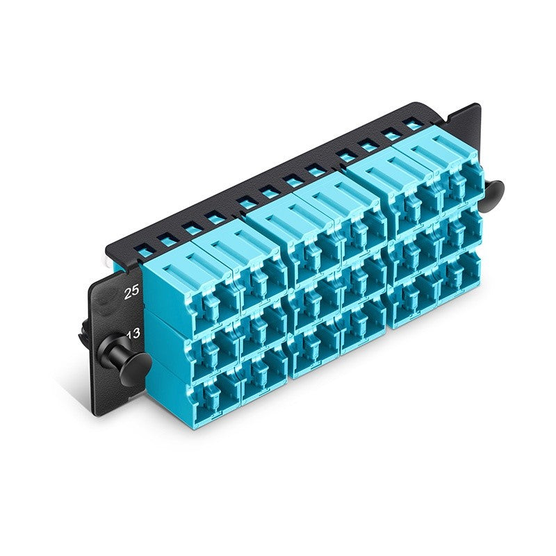 FHD Fiber Adapter Panel, 36 Fibers OM4 Multimode, 18 x Shuttered LC UPC Duplex (Aqua) Adapter, Ceramic Sleeve