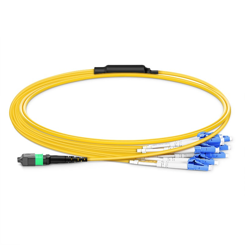 1m (3ft) MTP-16 APC (Female) to 8 LC UPC Duplex OS2 Single Mode Standard IL Breakout Cable, 16 Fibers, Plenum (OFNP), Yellow, for 800G Network Connection